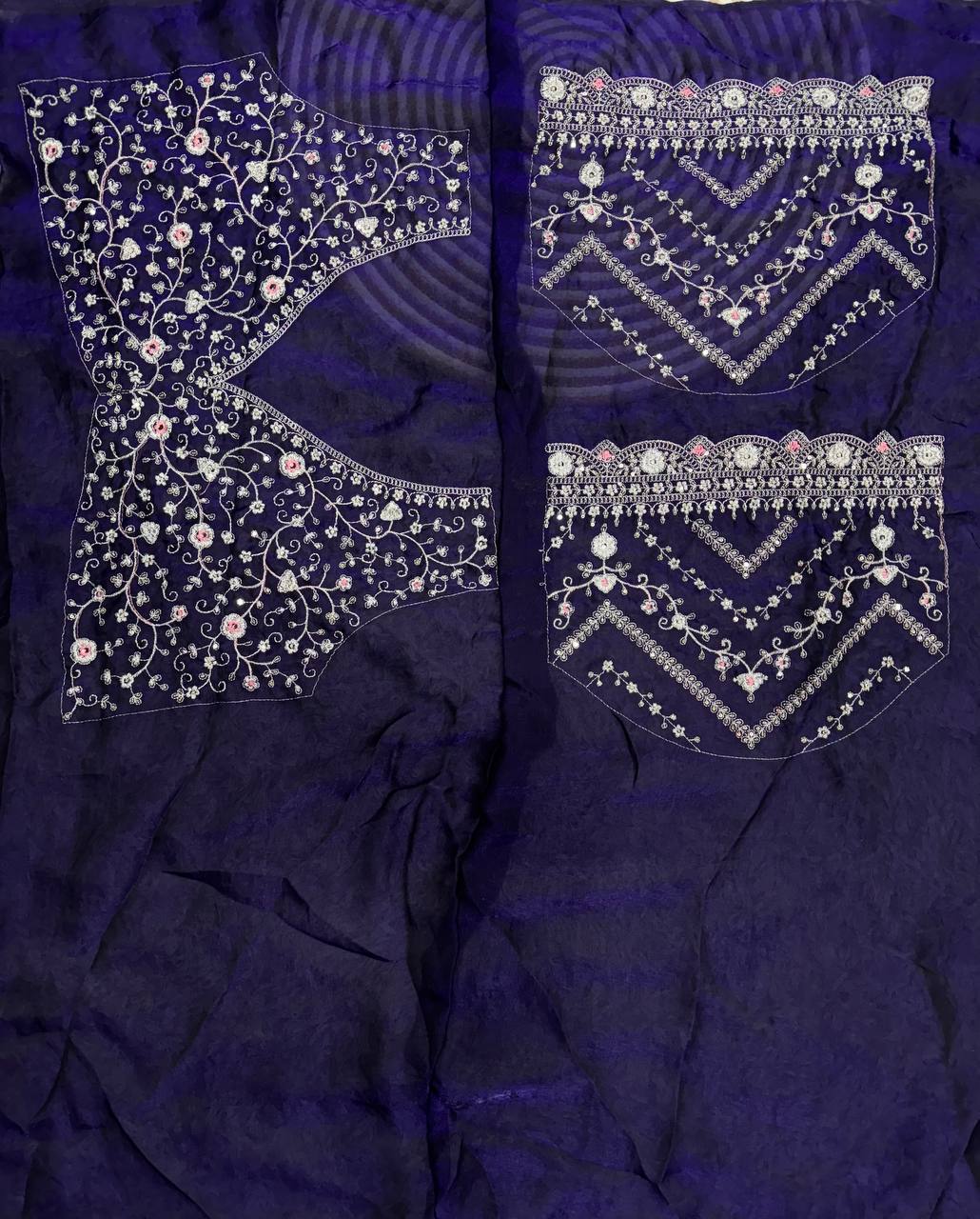 Royal Blue Embroidered Blouse Piece with Intricate Mirror, Sequin & Floral Threadwork β Ready-to-Stitch Fabric for Sarees & Festive Ethnic Wear - Image 2
